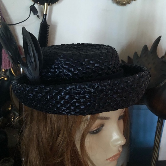 Vintage Blue Raffia Straw Hat w Feathers main image 7